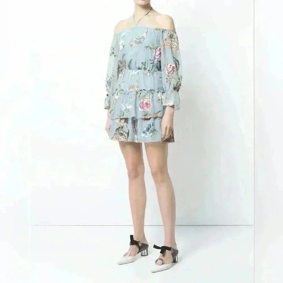Alice & Olivia Waylon Off The Shoulder Blouson Mini Dress Boho Multi Floral - Picture 9 of 14